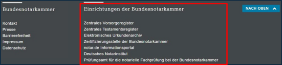 Screenshot Fußzeile von www.bnotk.de - Bereich "Einrichtungen"