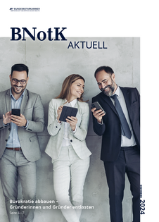 Grafik: Gruppe von lächelnden Personen mit mobilen Geräten,  BNotK Aktuell Ausgabe 04/2024 Titel